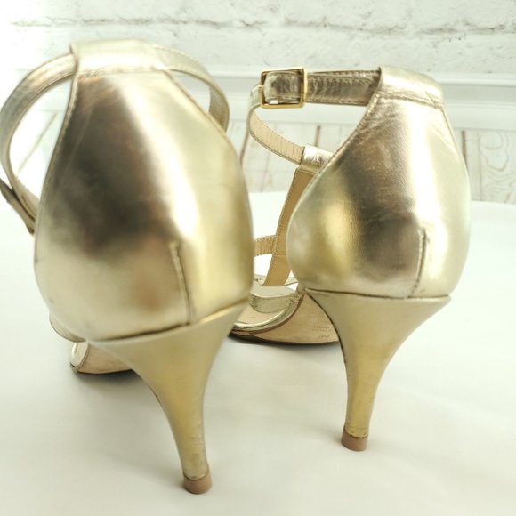 Dee Keller Womens Gold Leather Open Toe Strappy Stiletto Heels Size US 7.5 EU 38 - Picture 5 of 13